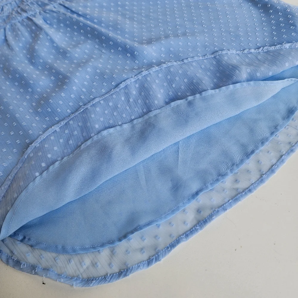 Loft Swiss Dot Ruffle Neck Balloon Sleeve Blouse Light Blue Sheer Boho Keyhole M - Picture 10 of 12